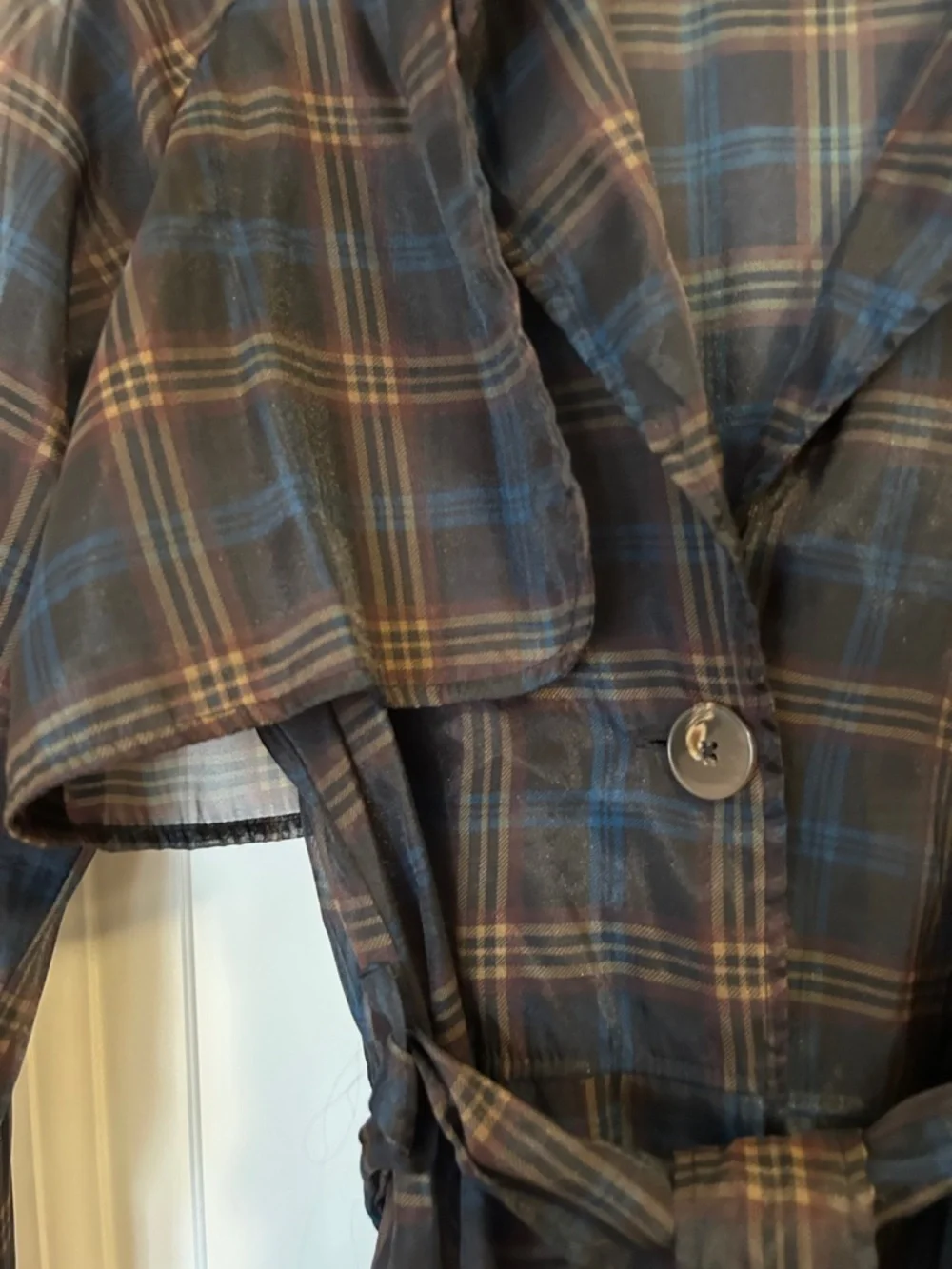 Plaid Long Trench Coat with Self-Tie Waist - Brown & Blue